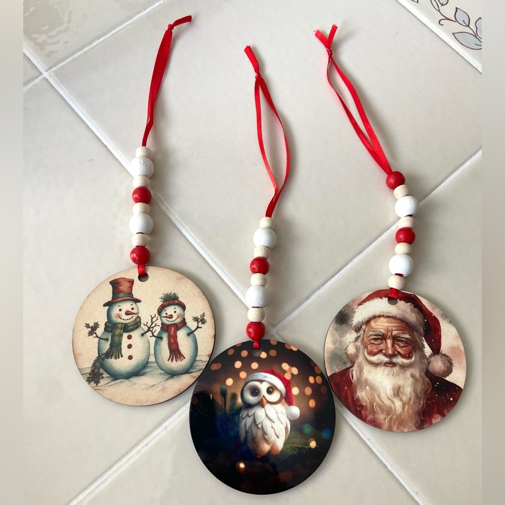 Handmade Festive Christmas Ornaments with Red Accents Double Sided